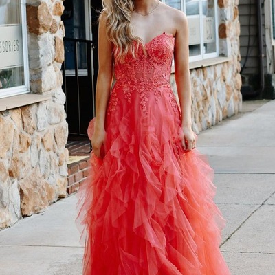 Cute strapless coral ruffle tulle a-line long prom dress with appliques ,pd230838 - Thumbnail 1