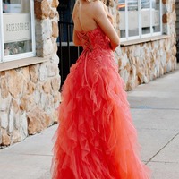 Cute Strapless Coral Ruffle Tulle A-Line Long Prom Dress with Appliques ,PD230838 - Thumbnail 1