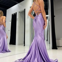 Simple Spaghetti Straps Lilac Satin Mermaid Prom Dress with Slit,PD230840 - Thumbnail 1