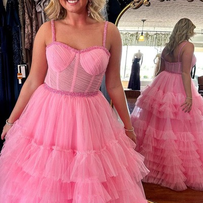 Cute sweetheart ruffle tiered tulle a line prom dress with beading,pd230841