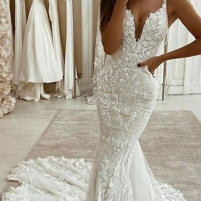 Simple sheath lace appliques boho beach wedding dress bridal gown - Thumbnail 1