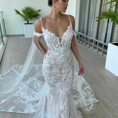 Eleghant sheath lace appliques wedding dress bridal gown
