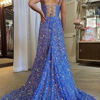 V Neck Blue Sequins A-Line Long Prom Dress with Slit,PD230842 - Thumbnail 1