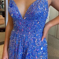 V Neck Blue Sequins A-Line Long Prom Dress with Slit,PD230842 - Thumbnail 2