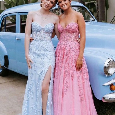 Charming strapless blue tulle long mermaid prom dress with appliques,pd230843