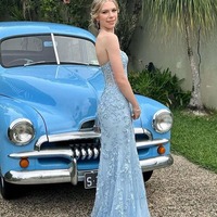 Charming Strapless Blue Tulle Long Mermaid Prom Dress with Appliques,PD230843 - Thumbnail 2