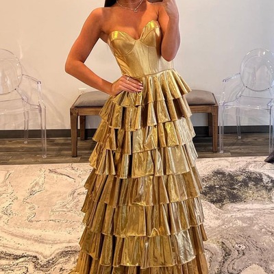 Unique gold strapless ruffle tiered satin long prom dress ,pd230845 - Thumbnail 3