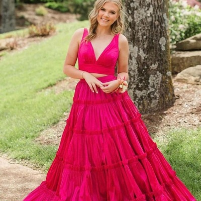 Pretty two piece pink satin v neck long prom dress,pd230846 - Thumbnail 1