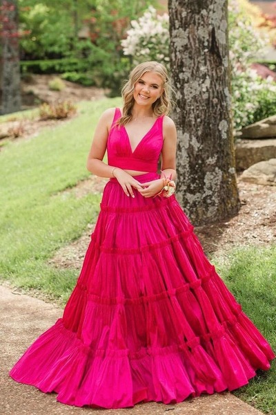 Pretty Two Piece Pink Satin V Neck Long Prom Dress,PD230846