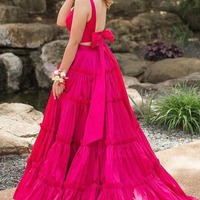 Pretty Two Piece Pink Satin V Neck Long Prom Dress,PD230846 - Thumbnail 1