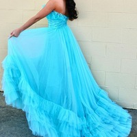 Cute Blue Ruffle Tiered Tulle Long Strapless Prom Dress,PD230847 - Thumbnail 1