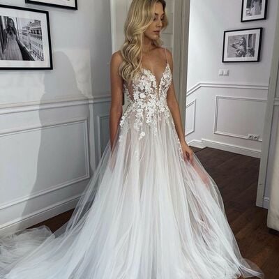 Simple a line long sleeve lace appliques wedding dress bridal gowns - Thumbnail 1