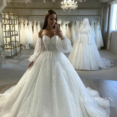Luxury ball gown sequins lace puffy wedding dress bridal gowns