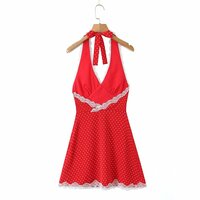Retro style lace V-neck slim-fit halter neck polka dot dress - Thumbnail 1
