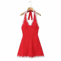 Retro style lace V-neck slim-fit halter neck polka dot dress - Thumbnail 2