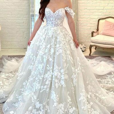 Luxury ball gown lace appliques puffy wedding dress bridal gowns - Thumbnail 1
