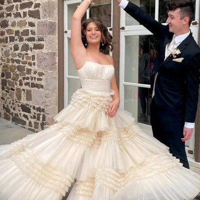 Cute scoop neck ball gown champagne tiered tulle prom dress wirh slit,pd230851 - Thumbnail 2
