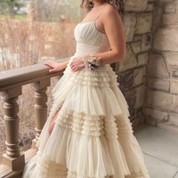 Cute Scoop Neck Ball Gown Champagne Tiered Tulle Prom Dress wirh Slit,PD230851 - Thumbnail 1