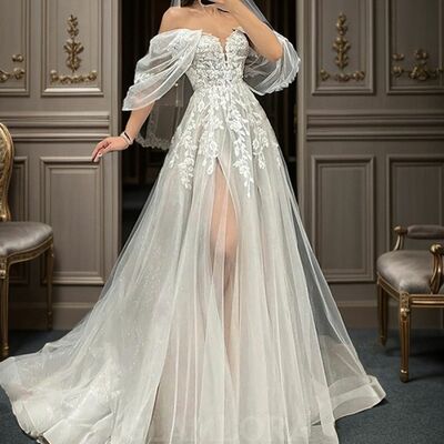 A line chiffon lace appliques wedding dress bridal gowns - Thumbnail 1
