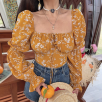 Retro Square Neck Tie Puff Sleeve Floral Holiday Cropped Top - Thumbnail 2