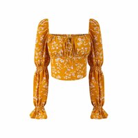 Retro Square Neck Tie Puff Sleeve Floral Holiday Cropped Top - Thumbnail 3