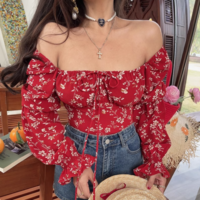 Retro Square Neck Tie Puff Sleeve Floral Holiday Cropped Top - Thumbnail 2