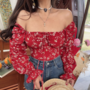 Red Floral Off-Shoulder Puff Sleeve Crop Top – Boho Summer Blouse-1