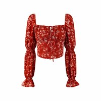 Retro Square Neck Tie Puff Sleeve Floral Holiday Cropped Top - Thumbnail 4