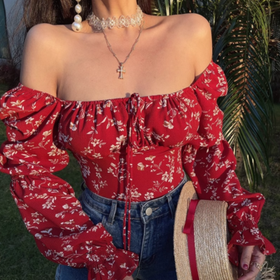 Retro square neck tie puff sleeve floral holiday cropped top