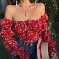 Red Floral Off-Shoulder Puff Sleeve Crop Top – Boho Summer Blouse