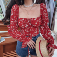 Retro Square Neck Tie Puff Sleeve Floral Holiday Cropped Top - Thumbnail 5