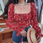 Red Floral Off-Shoulder Puff Sleeve Crop Top – Boho Summer Blouse-1