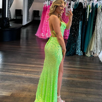 Sparkly Cowl Neck Green Sequins Long Mermaid Prom Dresses with Slit,PD230853 - Thumbnail 1