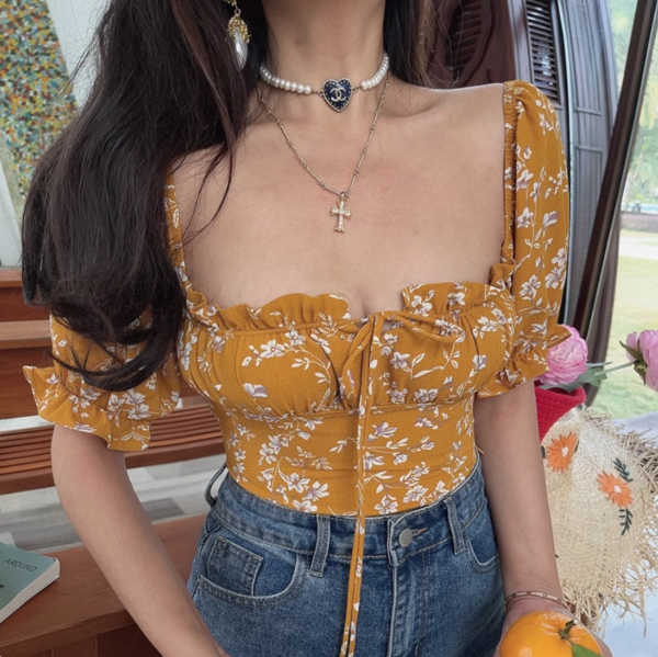 Mustard Floral Square Neck Puff Sleeve Crop Top – Boho Summer Blouse