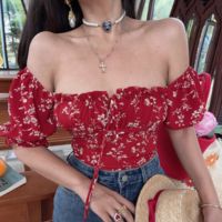 Fashionable floral strappy off-shoulder top - Thumbnail 1