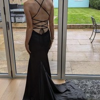 Charming V Neck Black Satin Long Mermaid Prom Dresses,PD230854 - Thumbnail 1