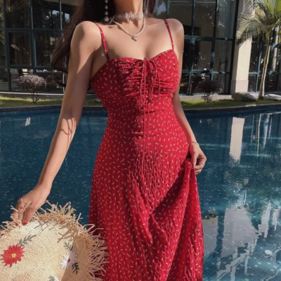 Vacation leisure waist slimming floral temperament suspender dress