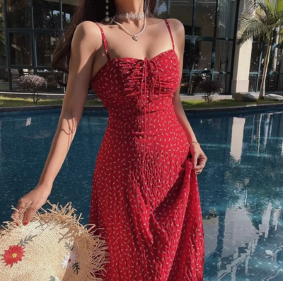 Vacation leisure waist slimming floral temperament suspender dress