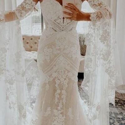Elegant mermaid lace appliques beach boho wedding dress bridal gowns - Thumbnail 1