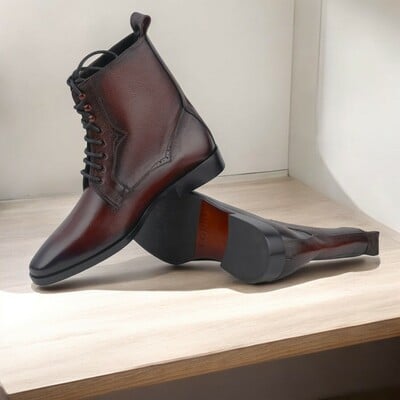 Ankle high burgundy leather handmade men's boot