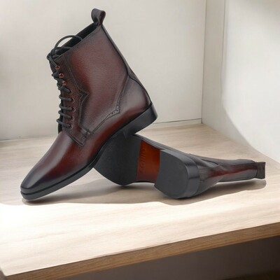 Ankle High Burgundy Leather Handmade Men's Boot