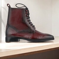 Ankle High Burgundy Leather Handmade Men's Boot - Thumbnail 2