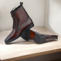 Handmade Ankle High Burgundy Leather Boot For Men's - Thumbnail 1