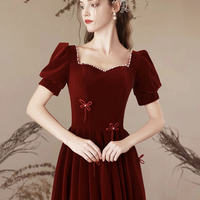 Burgundy Velvet Long Party Prom Dress - Thumbnail 1