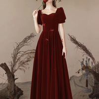 Burgundy Velvet Long Party Prom Dress - Thumbnail 2