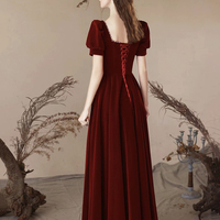 Burgundy Velvet Long Party Prom Dress - Thumbnail 3