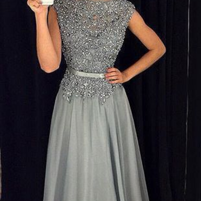A line grey chiffon prom dress with beading