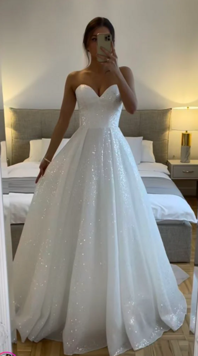 Sparkly A Line Glitter Sleeveless Wedding Dress For Women