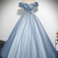 Blue Tulle Long A-Line Off the Shoulder Prom Dress - Thumbnail 1