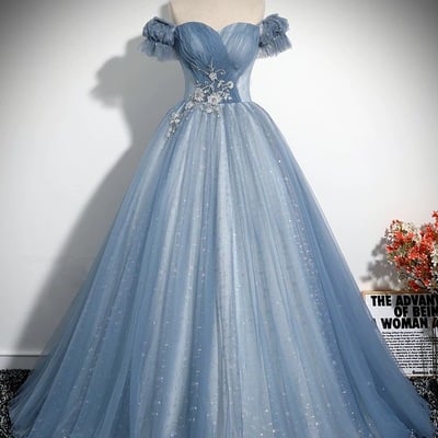 Blue tulle long a-line off the shoulder prom dress - Thumbnail 1